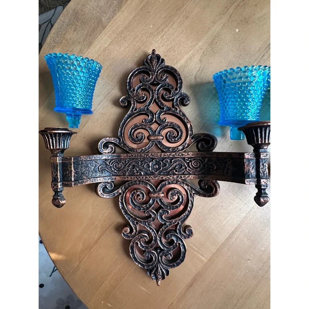 Coppercraft Guild Vintage Copper Wall Sconces Blue Hobnail Glass Votives Pair